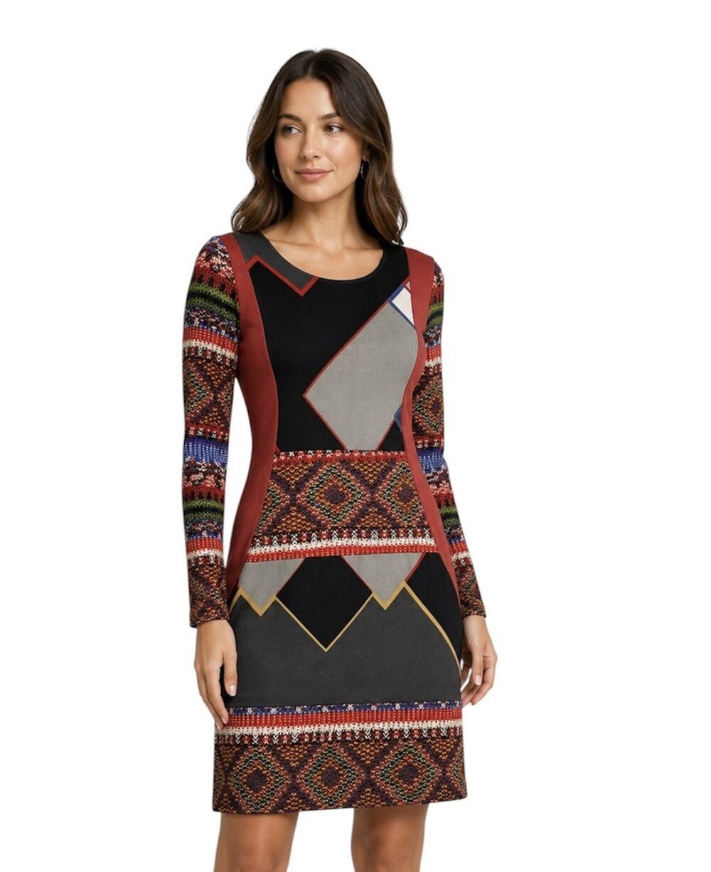Desigual by Christian Lacroix Designer Mixed Print Dress Artsy Stretch Jersey XL